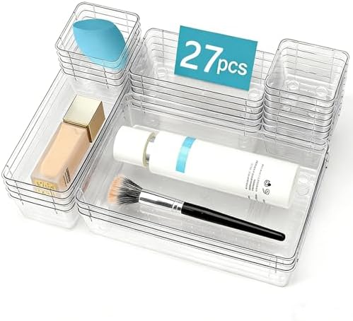 27 PCS Clear Drawer Organizer Set, 4 Sizes Desk Drawer Storage Bins, Divider Trays for Makeup, Vanity, Bathroom, Kitchen, Office