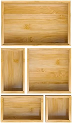 Bamboo Bathroom Drawer Organizer Dividers, Wooden Kitchen Utensil Holder Set of 5, Stackable Junk Drawer Organizer Tray,