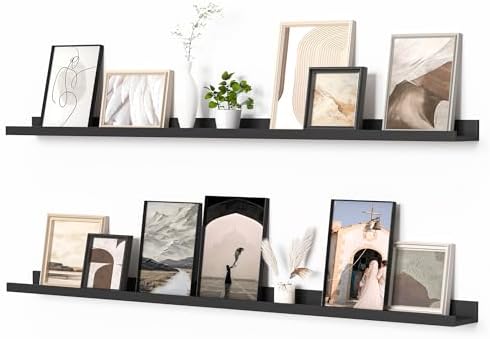 Heimlove Picture Ledge Shelf, Floating Shelves Set of 2, 56 Inches Picture Shelf for Wall with Ledge, Kids Bookshelf Wall Mounted for Living Room Bedroom Decor Books Photo Frames, Black