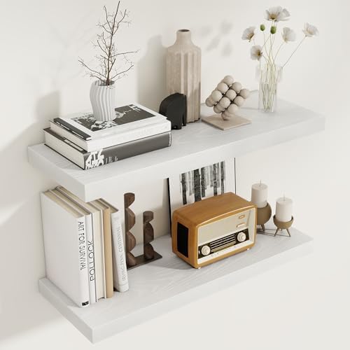 White Floating Shelves for Wall, 27.5 Inch Bathroom Shelves Set of 2, Rustic Wood Wall Shelf with Invisible Brackets for