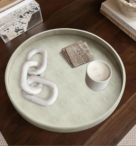 HofferRuffer Large Round Serving Tray 24'', Elegant Faux Leather Circle Ottoman Table Tray, Serve Tea Coffee Breakfast i