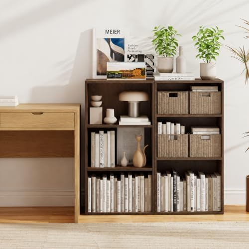 POWERSTONE 3 Tier Bookcase Set of 2, Small Open Bookshelf, Wooden Storage Book Shelf with Adjustable Panels for Living R