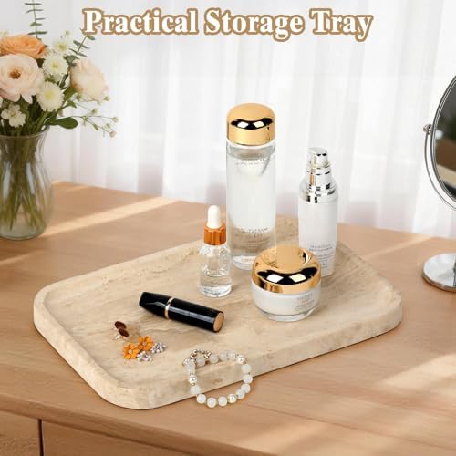 Natural Travertine Vanity Tray - Decorative Stone Marble Tray for Bathroom Countertop, Elegant Organizer for Home Decor,
