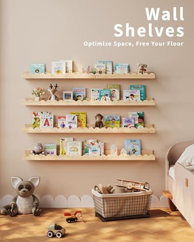 Shario Nursery Book Shelves, 4-Pack Wood Floating Shelves for Wall Kids, Scalloped Shelves, Wall Book Shelves for Bedroo