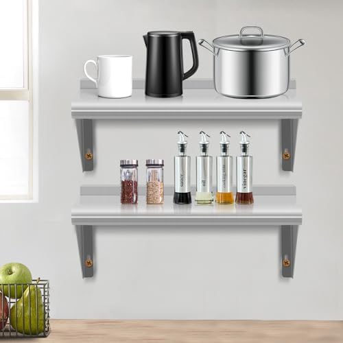 8.6" D x 16" W Stainless Steel Wall Mounted Shelves, 2 Packs Floating Shelving with Brackets, Commercial Shelf Perfect f