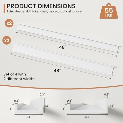 Fun Memories Picture Ledge Shelves Set of 4, 48 Inch Rustic Wall Mounted Floating Shelves with Lip for Home Storage and 