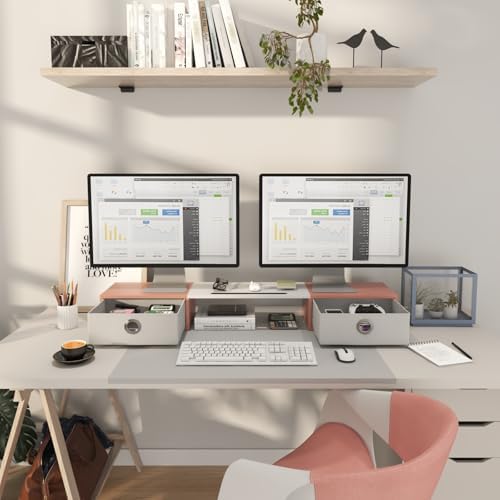 WESTREE Dual Monitor Stand Riser with Two Drawers, Extra Large Storage Monitor Stand for 2 Monitors, Desktop Oraganizer 