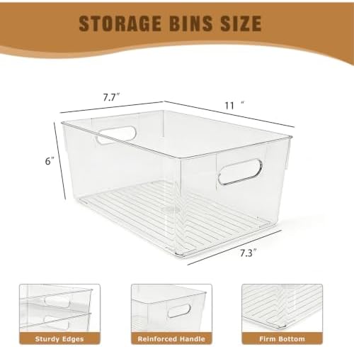 6 Pack Thick Clear Stackable Storage Bins, Cabinet Organizer, Plastiic Containers with Handle for Kitchens, Bathrooms an