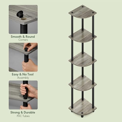 Furinno Turn-N-Tube Corner Shelf, 5-Tier Corner Bookshelf, Open Storage Shelves, for Organization and Storage, Living Ro