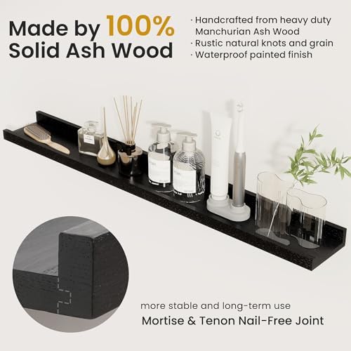 Acovy Solid Ash Wood Picture Ledge Shelf, 24 Inch, Black, Set of 2