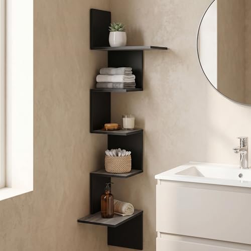 Furinno Rossi 5-Tier Corner Floating Shelves for Wall, French Oak