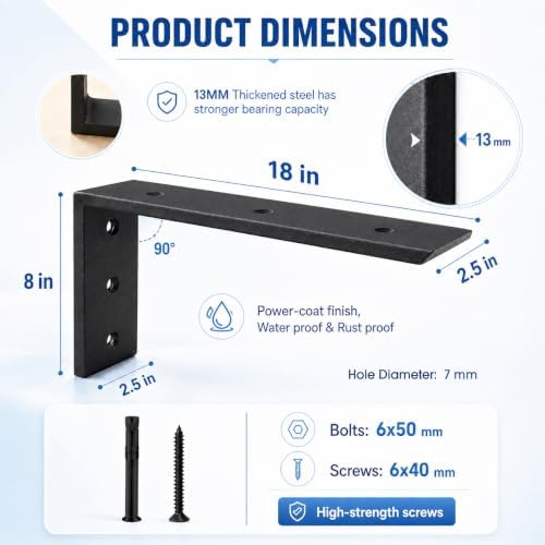 WINKER Countertop Support Bracket 4 Pack Heavy Duty 1/2" Thick Hidden L Shelf Bracket 18" x 8" x 2.5" Metal Corbels for 