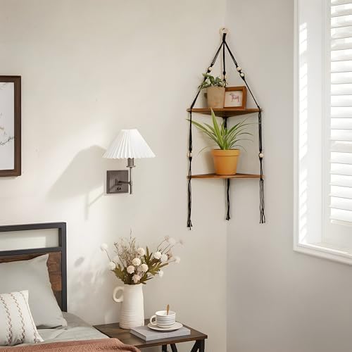 Artilady Corner Shelf Macrame Wall Hanging Balck, Boho Wood Storage Decor