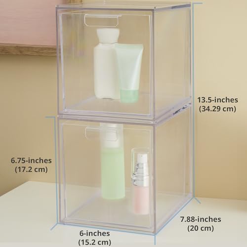STORi Audrey Stackable Bin Clear Plastic Organizer Drawers | 2 Piece Set | Organize Cosmetics and Beauty Supplies on a V