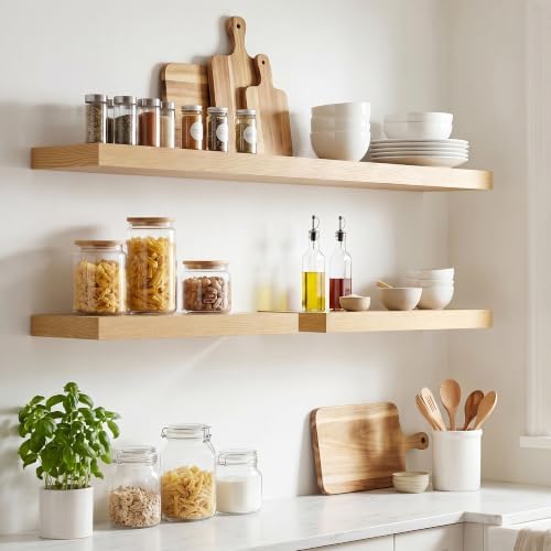 8 inch Deep Floating Shelves for Wall, 32" Wide, Oak Finish, 2-Pack