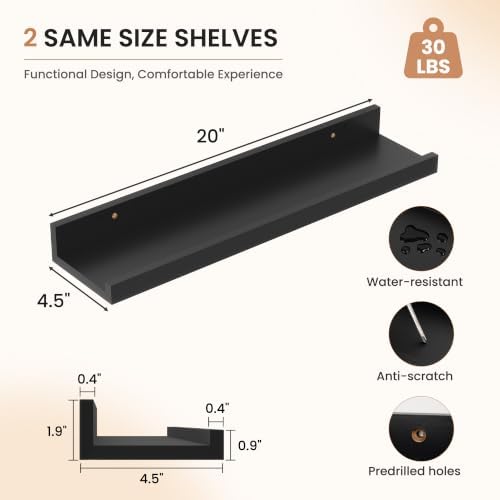 Dreamland Picture Ledge Shelf for Wall, Floating Shelves Set of 2,20 inch Long Floating Shelves with Lip for Living Room,Bedroom,Bathroom,Kitchen,Black