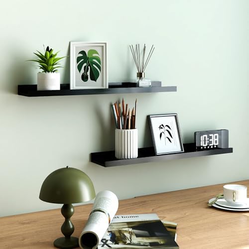 Black Floating Shelves for Wall Decor, 24 in Shelf with Lip Set of 2