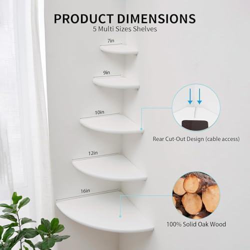 Gieanoo White Corner Wall Shelf 10inch Solid Oak Wood Floating Corner Shelf with Wire Hole Corner Wall Storage Display S
