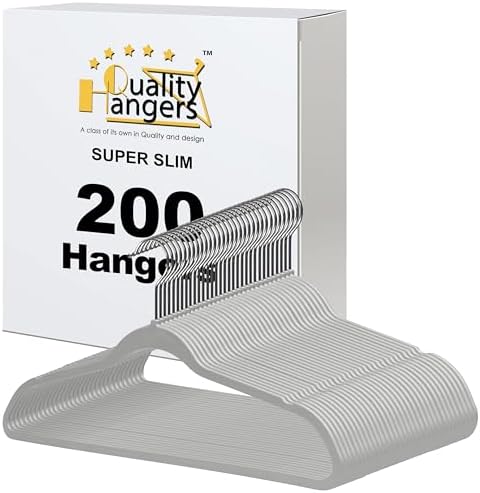Quality Hangers 200 Pack Slim Plastic Hangers for Clothes - 16.5" Won't Crease Your Clothes, Heavy Duty Non-Velvet Gray Hangers, 360° Swivel Chrome Hook Dresses Coats Shirts