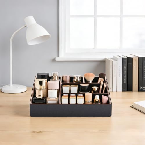 PU Leather Makeup Organizer Tray,Large Vanity Organizer,Cosmetic Storage Box for Lipstick Brushes Skincare Perfume,Cosme