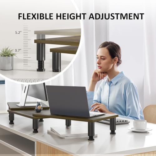 AX WABER Dual Monitor Stand Riser, Monitor Stand with Adjustable Length and Angle, Wood Monitor Stand for Desk, Monitor 