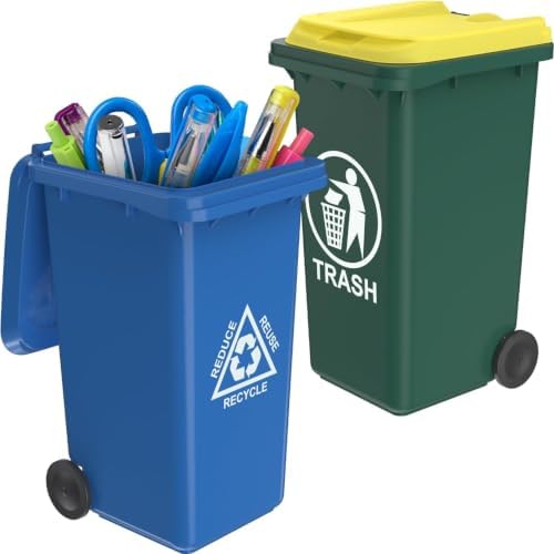 Wiosi Mini Garbage Trash Pen Holder for Desk | Tiny Recycle Bin Pencil Holder Green & Blue, Pack of 2 | Storage for Pencil & Pen | Office Stationery to Organize the Desk | Ideal for Student Work