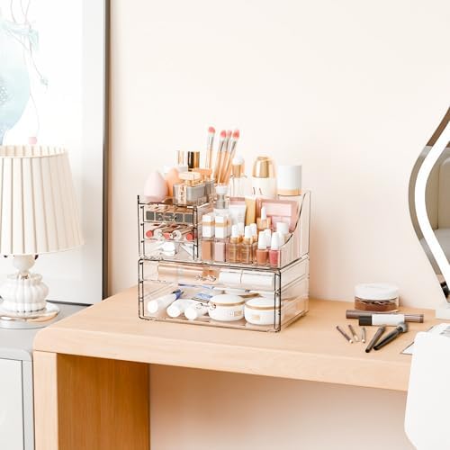 Yieach 2 Pack Clear Makeup Organizer Countertop for Dresser,Vanity and Bathroom Counter Organizer,Tiered Stackable Makeu