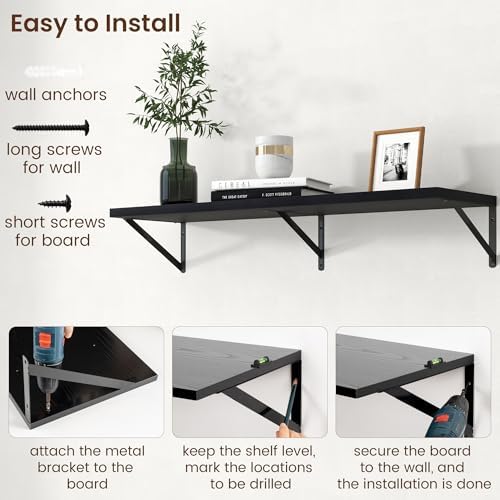Axeman Deep Floating Shelves - 40 Inch Black Floating Shelves Set of 2-12 Inch Deep Wood Wall Shelves for Living Room Ba