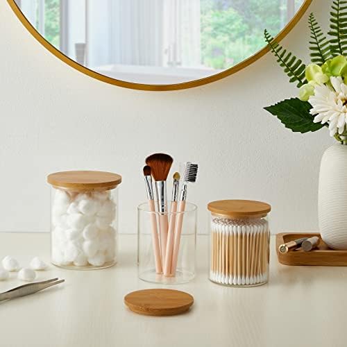 INIUNIK Qtip Holder with Vanity Tray, 3 Pack Glass Apothecary Jars with Lids, Bathroom Accessories Canisters Organizers 