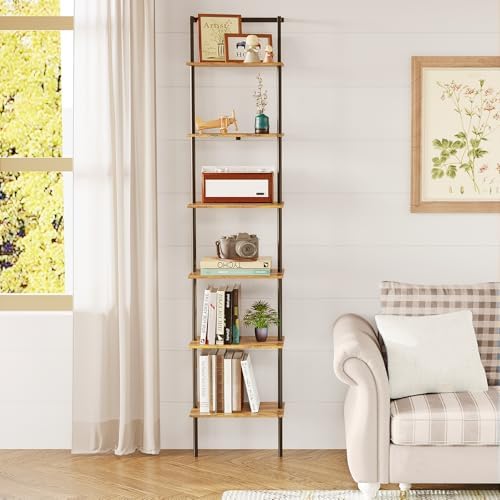 6-Tier Wall Mounted Ladder Shelf, Rustic Brown, 77" H