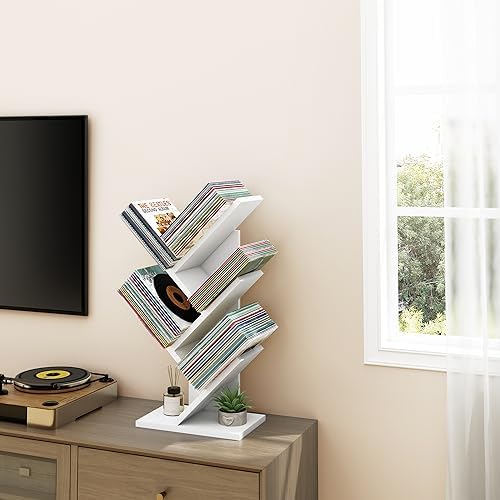 Hoctieon 4 Tier Tree Bookshelf, 4 Shelf Bookcase, Free Standing Tree Bookcase, Display Floor Standing Shelf for Books, B