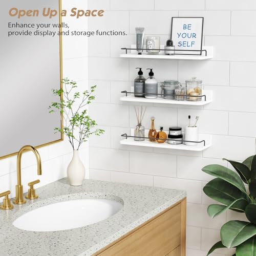 Forbena White Floating Shelves Bathroom Shelves Over Toilet Set of 3, Bathroom Organizers and Storage Shelves Wall Mount