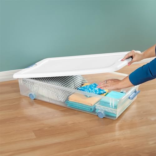 Sterilite 8-Pack Wheeled Latching Box, Plastic Under Bed Storage Bins with Lids, 56 Quart - Large Clear Stackable Tote O