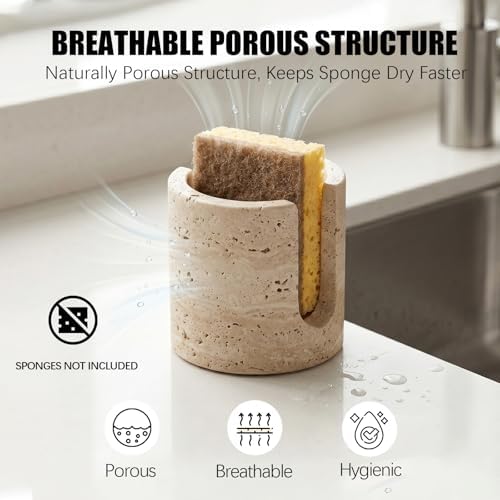 Luxury Natural Travertine Sponge Holder for Kitchen Sink, Minimalist Wabi-Sabi Hand-Carved Stone Sponge Caddy, Heavy Dut
