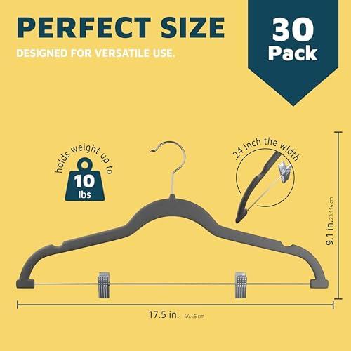 Lifemaster Velvet Skirt Hangers – with Adjustable Clips, 360 Degree Swivel Hook, and Non-Slip Shoulder Notch, Holds Up to 10 lbs, for Organizing Skirt, Pants, Dress, and Clothes, Pack of 30, Gray