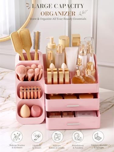 Pink Makeup Organizer with Drawer for Bathroom Countertop Dresser Desk