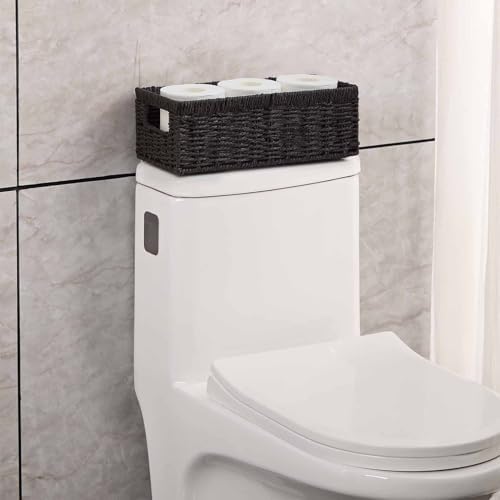 Vagusicc Wicker Storage Basket, Paper Rope Wicker Baskets with Handles, Toilet Paper Basket for Toilet Tank Top, Small Wicke Baskets for Organizing Shelves, 2-Pack, Black