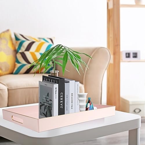Gifturbo Pink Large Serving Tray with Handles，Rectangular Plastic Elegant Decorative Coffee Table Tray for Ottoman, Livi