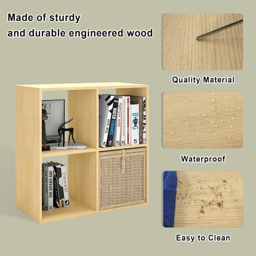 4 Cube Shelf with Anti-Tipping Kits, Reversible Open Back Bookcase, Multi Layer and Multi Grid Partition Layout (Oak 11i