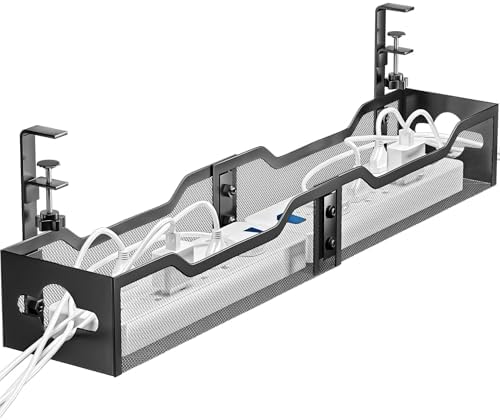 Under Desk Cable Management Tray 32'', Cable Management Under Desk No Drill, Cable Organizer with Clamp for Wire Managem