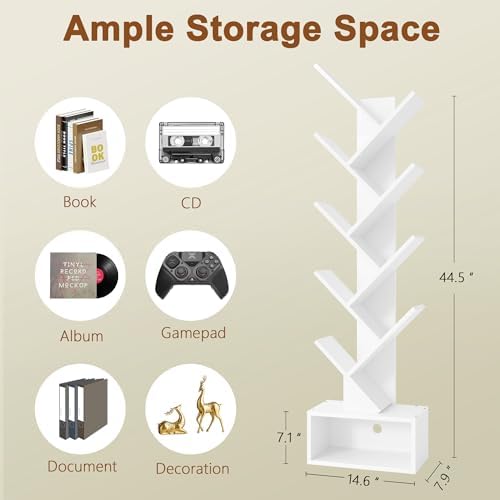 Hoctieon 9 Tier Tree Bookshelf, Tall Bookcase with Drawer, Wood Book Shelf, Modern Floor Standing Bookshelves, Book Orga
