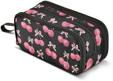 Watercolor Cherry Bow Pencil Case Box Boys Girls Large Pencil Pouch Zipper Compartments Big Capacity Stationery Pen Bag Organizer for Kids Teens Adults School Office
