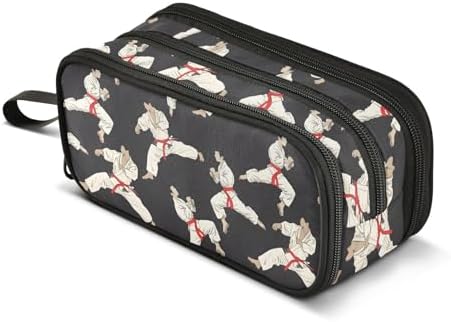 Karate Black Background Pencil Case Box Boys Girls Large Pencil Pouch Zipper Compartments Big Capacity Stationery Pen Bag Organizer for Kids Teens Adults School Office
