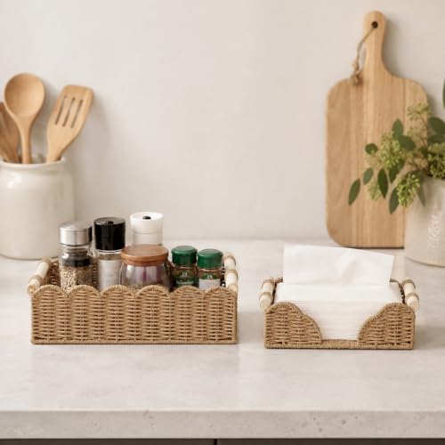 2 Pack Scalloped Paper Rope Toilet Paper Baskets with Wood Handles