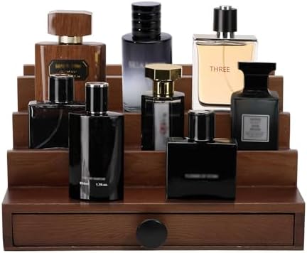 4 Tier Men's Cologne Organizer, Walnut Brown Wood Display Stand with Drawer