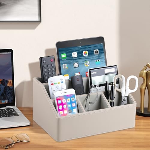 PU Leather Desk Organizer, Remote Control Holder, Dark Beige