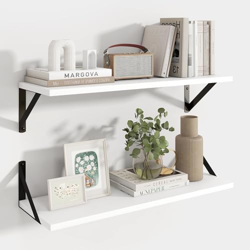 Axeman 24 Inch Floating Shelves, 8 Inch Deep White Wall Shelves Set of 2