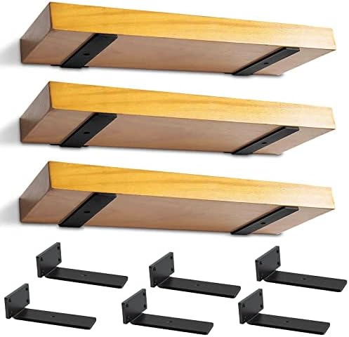 Heavy Duty Floating Shelf Brackets - 1/5 Inch Thick Industrial Black Metal L Brackets, Premium Solid Steel Shelf Support