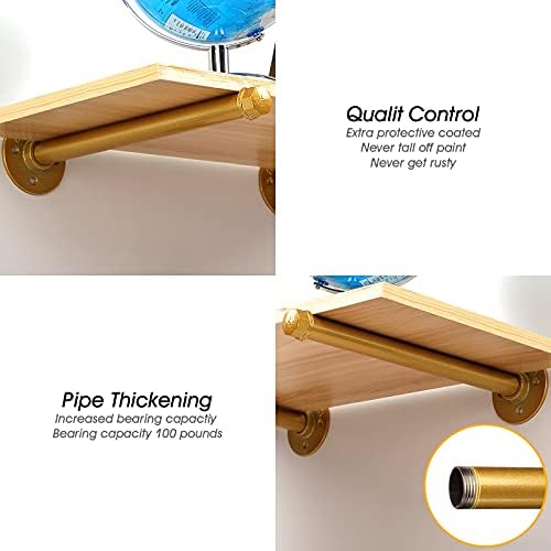 Gold Pipe Shelf Brackets 10 Inch, Industrial Metal Wall Brackets, Set of 4
