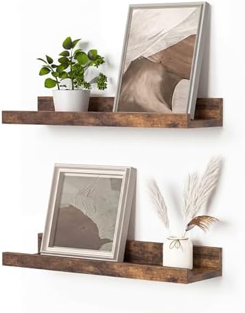 Heimlove Picture Ledge Shelf, Floating Shelves Set of 2, 15.75Inches Picture Shelf for Wall with Ledge, Kids Bookshelf Wall Mounted for Living Room Bedroom Decor Books Photo Frames - Rustic Brown